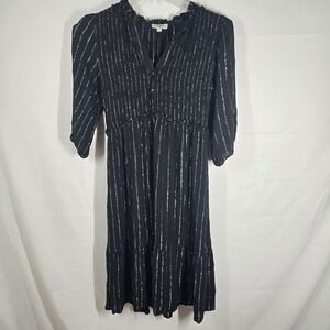 Umgee‎ USA Black Metallic Stripe Dress Womens Medium Puff Sleeve Boho Peasant